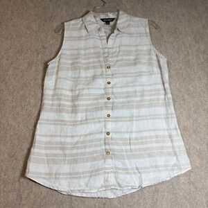 Ellen Tracy Sleeveless Top Wmns Medium Tan White 100% Linen Striped Button Chic